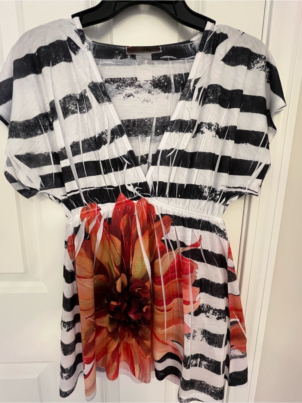 Womens Black & White Striped shirt with Red Floral Accent